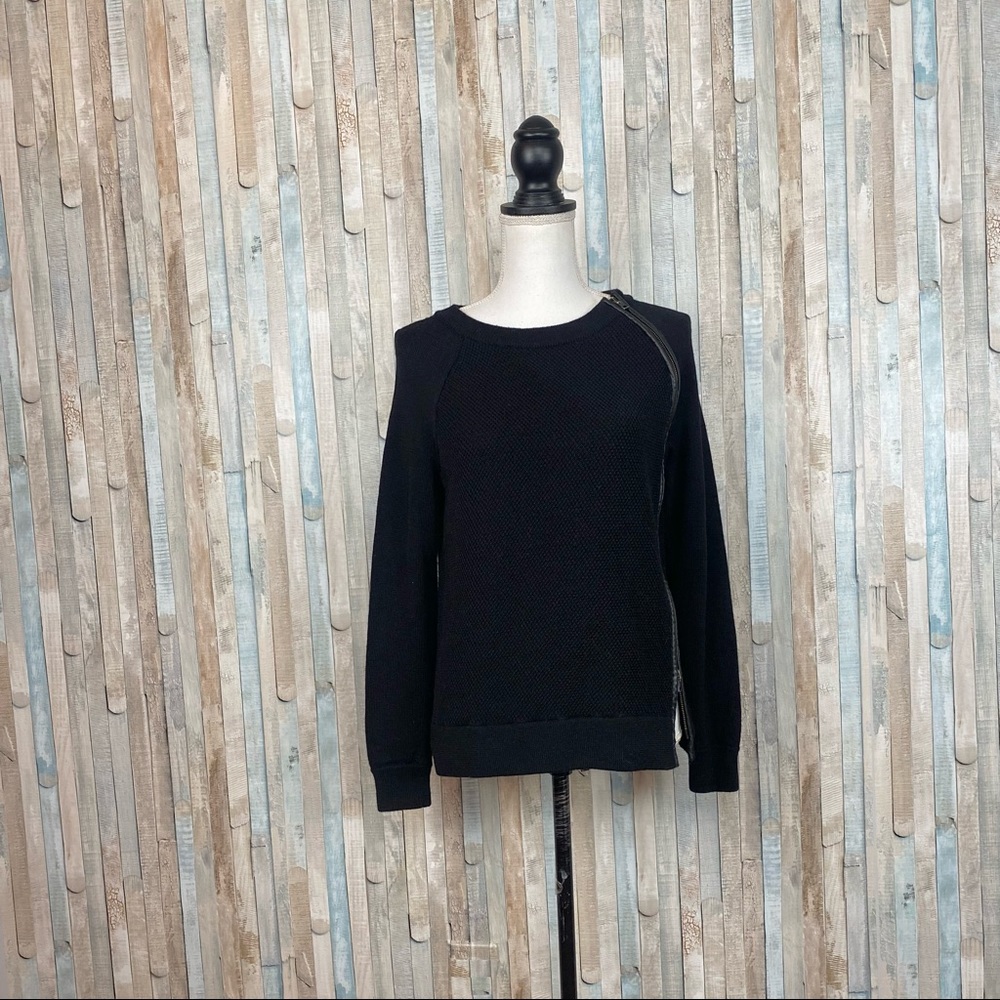 Vince S Black Leather Trim Zipper Textured 100% Wool Knit Sweater Pullover - Picture 3 of 14